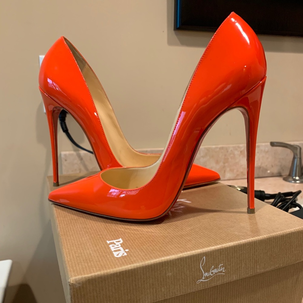 Christian Louboutin Glossy Papaya Patent Pointed-Toe Stilettos - Picture 2 of 9